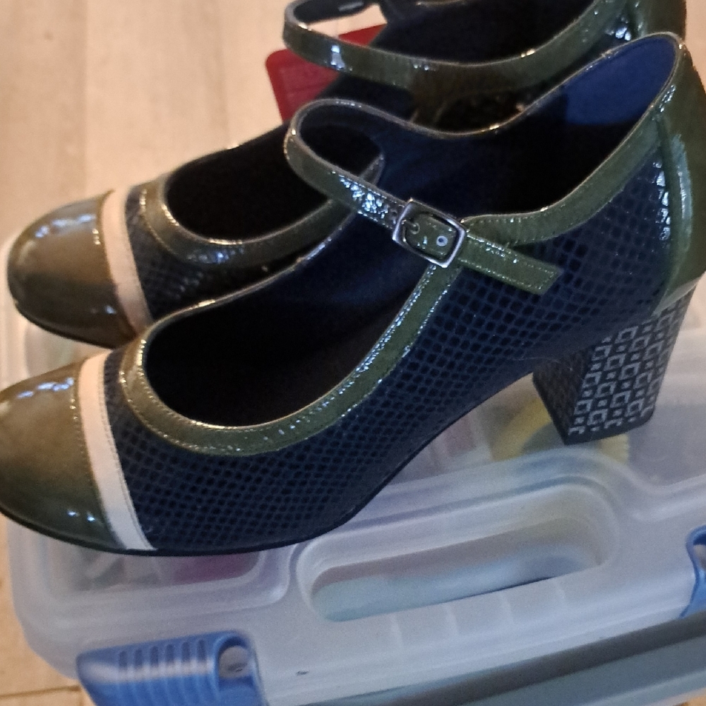 Olive Green and Cream Mary Jane Block Heel Pumps